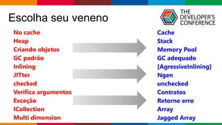 Globalcode – Open4education
Escolha seu veneno
No cache
Heap
Criando objetos
GC padrão
Inlining
JITter
checked
Verifica argumentos
Exceção
ICollection
Multi dimension
Cache
Stack
Memory Pool
GC adequado
[AgressiveInlining]
Ngen
unchecked
Contratos
Retorne erro
Array
Jagged Array
 