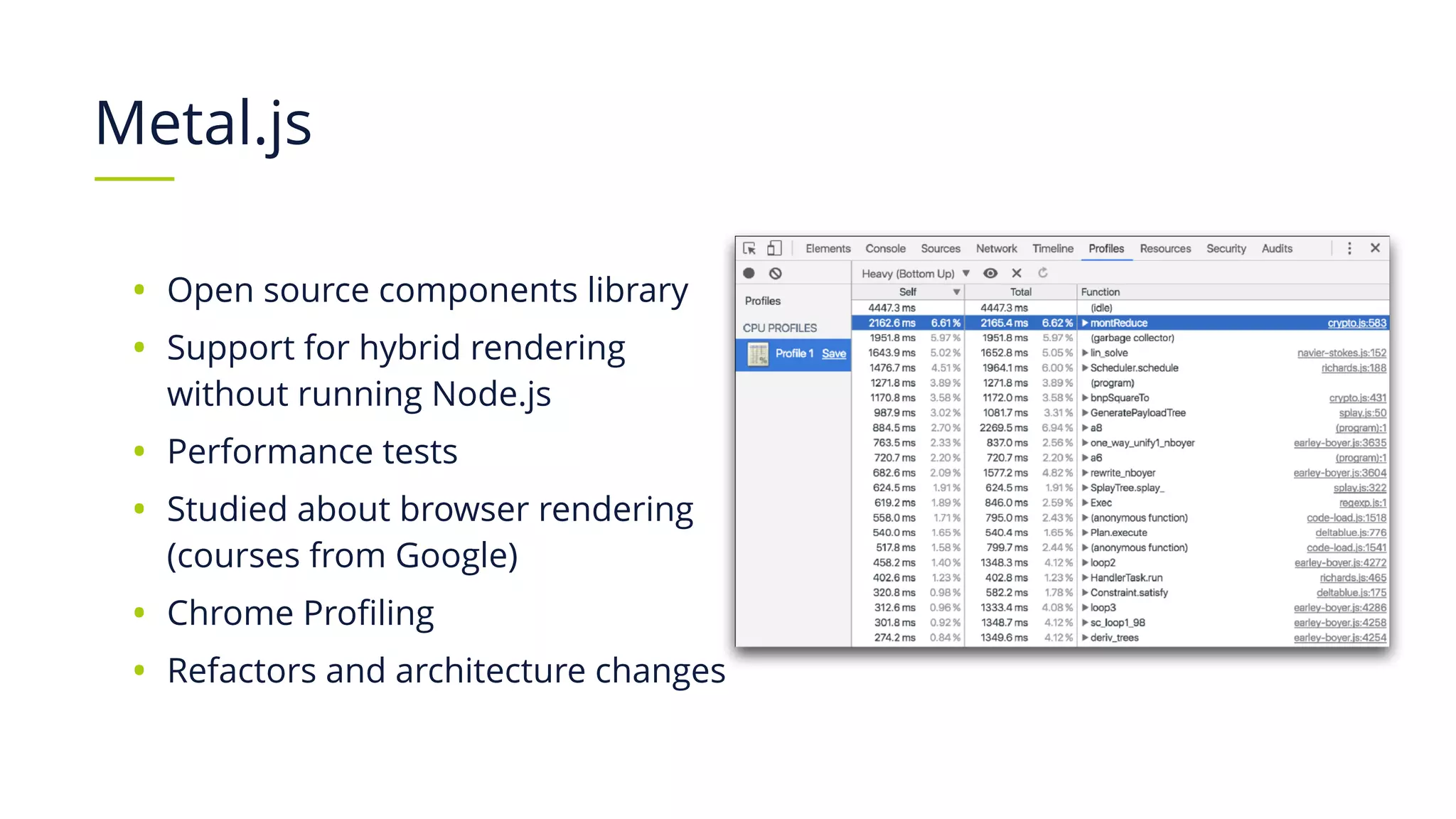 Metal.js
• Open source components library
• Support for hybrid rendering
without running Node.js
• Performance tests
• Studied about browser rendering
(courses from Google)
• Chrome Profiling
• Refactors and architecture changes