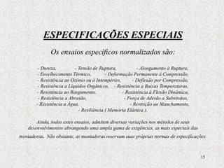 15
ESPECIFICAÇÕES ESPECIAIS
Os ensaios específicos normalizados são:
- Dureza, - Tensão de Ruptura, - Alongamento à Ruptura,
- Envelhecimento Térmico, - Deformação Permanente à Compressão,
- Resistência ao Ozônio ou à Intempéries, - Deflexão por Compressão,
- Resistência a Líquidos Orgânicos, - Resistência a Baixas Temperaturas,
- Resistência ao Rasgamento, - Resistência à Flexão Dinâmica,
- Resistência a Abrasão, - Força de Adesão a Substratos,
- Resistência a Água, - Restrição ao Manchamento,
- Resiliência ( Memória Elástica ).
Ainda, todos estes ensaios, admitem diversas variações nos métodos de seus
desenvolvimentos abrangendo uma ampla gama de exigências, as mais especiais das
montadoras. Não obstante, as montadoras reservam suas próprias normas de especificações.
 