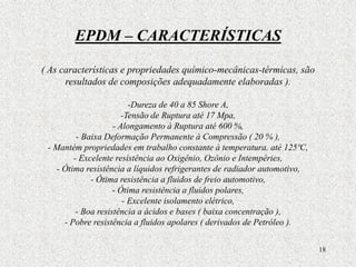 18
EPDM – CARACTERÍSTICAS
( As características e propriedades químico-mecânicas-térmicas, são
resultados de composições adequadamente elaboradas ).
-Dureza de 40 a 85 Shore A,
-Tensão de Ruptura até 17 Mpa,
- Alongamento à Ruptura até 600 %,
- Baixa Deformação Permanente à Compressão ( 20 % ),
- Mantém propriedades em trabalho constante à temperatura. até 125ºC,
- Excelente resistência ao Oxigênio, Ozônio e Intempéries,
- Ótima resistência a líquidos refrigerantes de radiador automotivo,
- Ótima resistência a fluidos de freio automotivo,
- Ótima resistência a fluidos polares,
- Excelente isolamento elétrico,
- Boa resistência a ácidos e bases ( baixa concentração ),
- Pobre resistência a fluidos apolares ( derivados de Petróleo ).
 