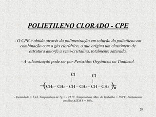 29
POLIETILENO CLORADO - CPE
- O CPE é obtido através da polimerização em solução do polietileno em
combinação com o gás clorídrico, o que origina um elastômero de
estrutura amorfa a semi-cristalina, totalmente saturada.
- A vulcanização pode ser por Peróxidos Orgânicos ou Tiadiazol.
(CH2 – CH2 – CH – CH2 – CH – CH2 )
- Densidade = 1,18, Temperatura de Tg = - 25 ºC, Temperatura. Máx. de Trabalho = 150ºC, Inchamento
em óleo ASTM 3 = 80%.
n
Cl Cl
 