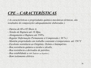 30
CPE – CARACTERÍSTICAS
( As características e propriedades químico-mecânicas-térmicas, são
resultados de composições adequadamente elaboradas ).
- Dureza de 60 a 85 Shore A,
- Tensão de Ruptura até 16 Mpa,
- Alongamento à Ruptura até 550%,
- Regular Deformação Permanente à Compressão ( 30 % )
- Mantém propriedades em trabalho constante à temperatura. até 150 ºC
- Excelente resistência ao Oxigênio, Ozônio e Intempéries.
- Boa resistência química a ácidos e álcalis,
- Boa resistência a derivados de petróleo,
- Boa estabilidade a cor (inferior ao Hypalon ),
- Bom isolamento elétrico.
 