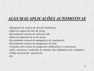 31
ALGUMAS APLICAÇÕES AUTOMOTIVAS
- Mangueira de retorno de direção hidráulica,
- Dutos de respiro de óleo de motor,
- Revestimento externo de cabos de vela,
- Dutos de admissão de ar do motor,
- Revestimento externo de mangueiras de combustível,
- Revestimento externo de mangueiras de freio,
- Conexão entre a boca do tanque de combustível e a carroçaria,
- Anéis, retentores e vedações de sistemas óleo hidráulicos de caminhões,
- Coifas de proteção “guarda-pó,
- Etc.
 