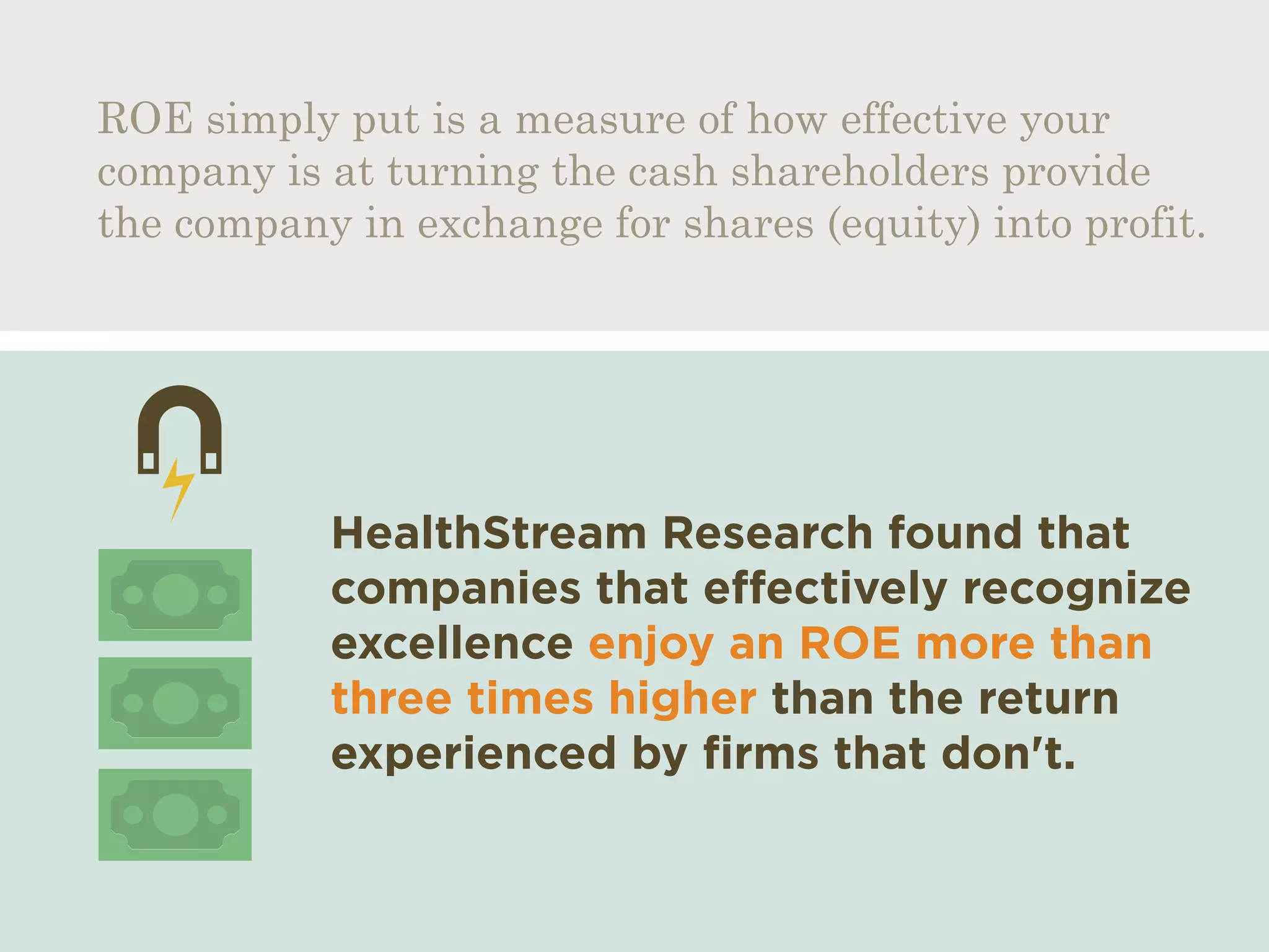 ROE simply put is a measure of how effective your
company is at turning the cash shareholders provide
the company in exchange for shares (equity) into profit.
HealthStream Research found that
companies that effectively recognize
excellence enjoy an ROE more than
three times higher than the return
experienced by firms that don't.
 