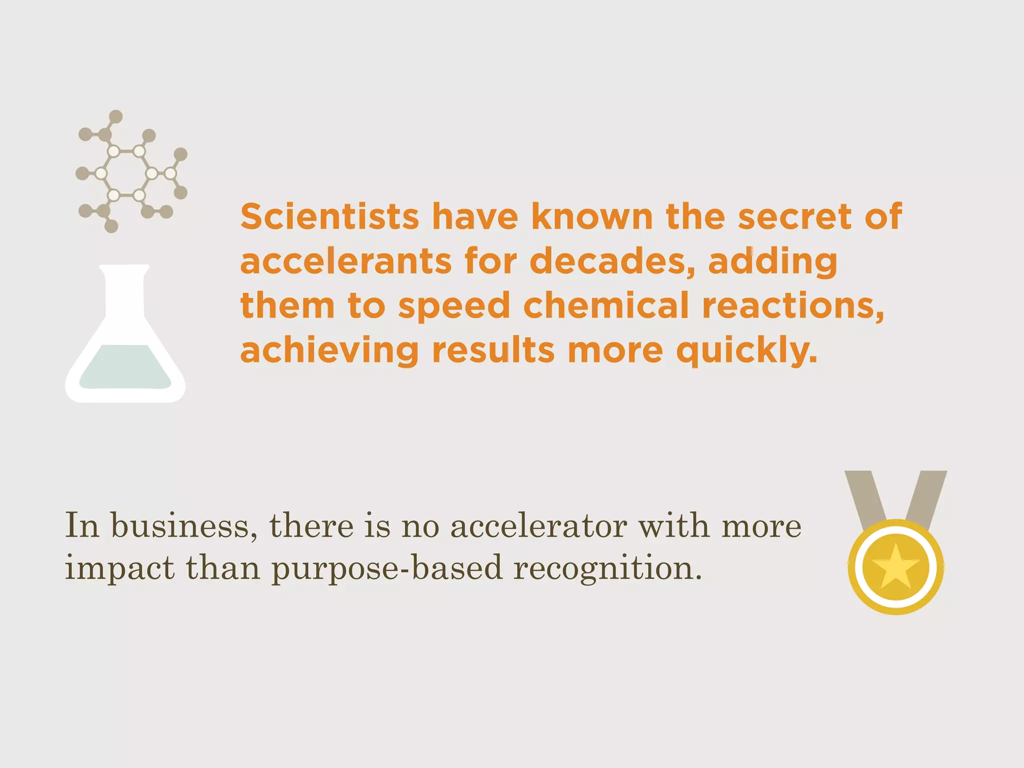 Scientists have known the secret of
accelerants for decades, adding
them to speed chemical reactions,
achieving results more quickly.
In business, there is no accelerator with more
impact than purpose-based recognition.
 