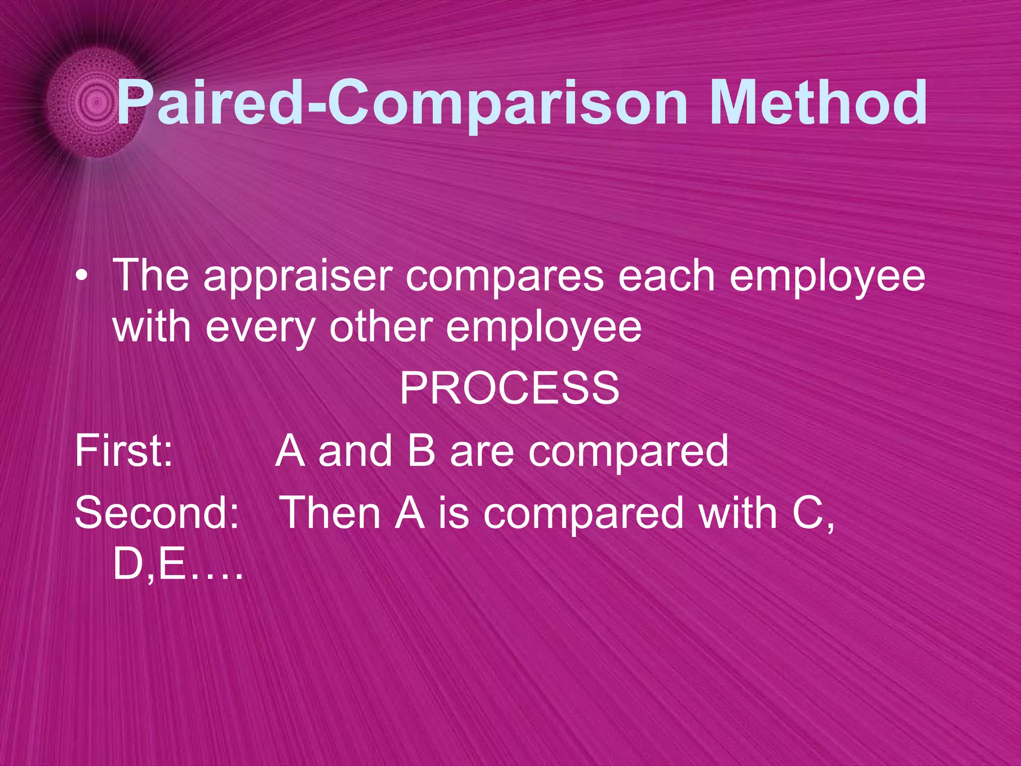 Paired-Comparison Method The appraiser compares each employee with every other employee PROCESS First:  A and B are compared Second:  Then A is compared with C, D,E…. 