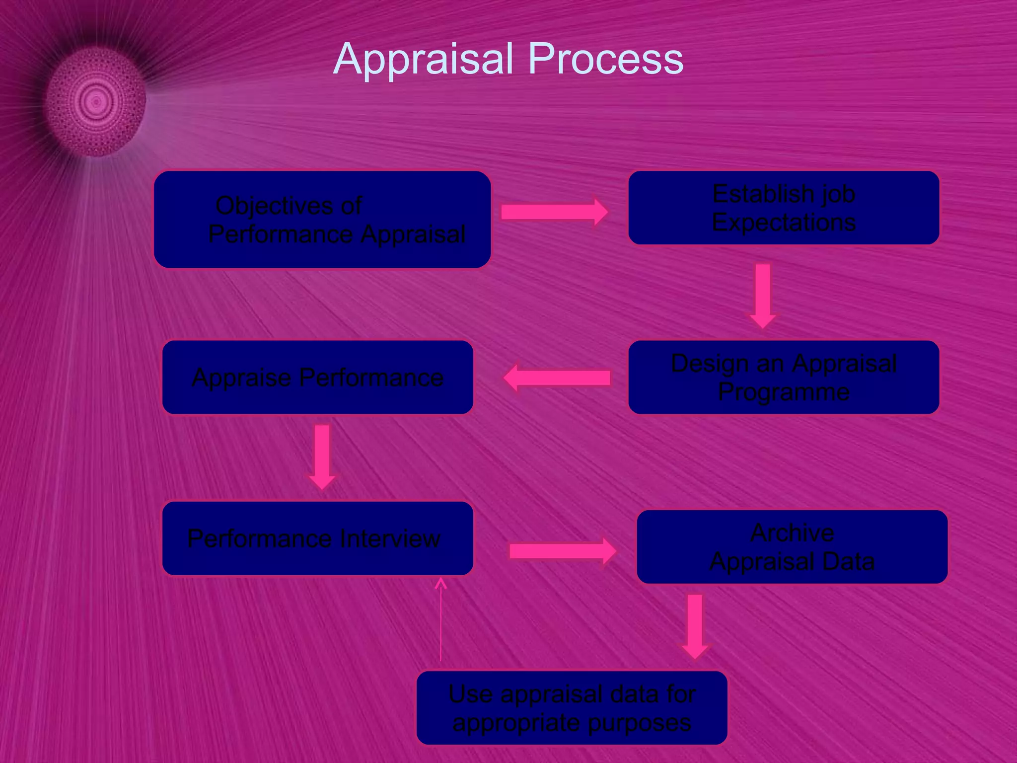 Appraisal Process Establish job Expectations Design an Appraisal Programme Appraise Performance Performance Interview Objectives of Performance Appraisal Archive Appraisal Data Use appraisal data for appropriate purposes 