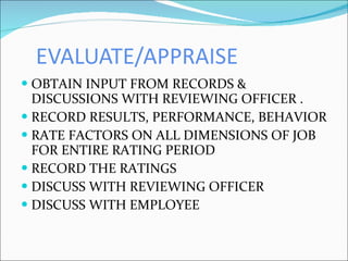 EVALUATE/APPRAISE OBTAIN INPUT FROM RECORDS & DISCUSSIONS WITH REVIEWING OFFICER . RECORD RESULTS, PERFORMANCE, BEHAVIOR RATE FACTORS ON ALL DIMENSIONS OF JOB FOR ENTIRE RATING PERIOD RECORD THE RATINGS DISCUSS WITH REVIEWING OFFICER DISCUSS WITH EMPLOYEE 