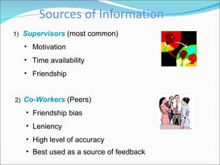 Sources of Information 1)   Supervisors  (most common) Motivation Time availability Friendship  2)   Co-Workers  (Peers) Friendship bias Leniency  High level of accuracy Best used as a source of feedback 