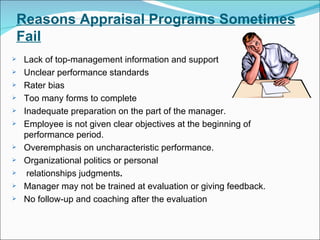 Reasons Appraisal Programs Sometimes Fail Lack of top-management information and support Unclear performance standards Rater bias Too many forms to complete Inadequate preparation on the part of the manager. Employee is not given clear objectives at the beginning of performance period.  Overemphasis on uncharacteristic performance. Organizational politics or personal relationships judgments . Manager may not be trained at evaluation or giving feedback. No follow-up and coaching after the evaluation 