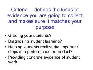 Criteria— defines the kinds of evidence you are going to collect and makes sure it matches your purpose Grading your students? Diagnosing student learning? Helping students realize the important steps in a performance or product? Providing concrete evidence of student work 
