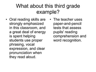What about this third grade example? Oral reading skills are strongly emphasized in this classroom, and a great deal of energy is spent helping students use proper phrasing, vocal expression, and clear pronunciation when they read aloud. The teacher uses paper-and-pencil tests that assess pupils' reading comprehension and word recognition. 