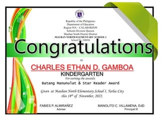 Republic of the Philippines
Department of Education
Region IVA – CALABARZON
Schools Division Quezon
Mauban North District District
MAUBAN NORTH ELEMENTARY SCHOOL I
School ID: 108894
Congratulations
to
CHARLES ETHAN D. GAMBOA
KINDERGARTEN
For earning the awards:
Given at Mauban North Elementary School I, Tarlac City
this 18th of November, 2022.
FABIES P. ALMIRAÑEZ MANOLITO C. VILLAMENA, EdD
Adviser Principal III
Batang Manunulat & Star Reader Award
 