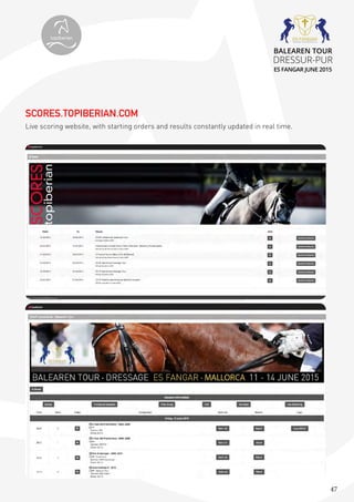 47
SCORES.TOPIBERIAN.COM
Live scoring website, with starting orders and results constantly updated in real time.
topiberian
BALEAREN TOUR
DRESSUR-PUR
ES FANGAR JUNE 2015
 