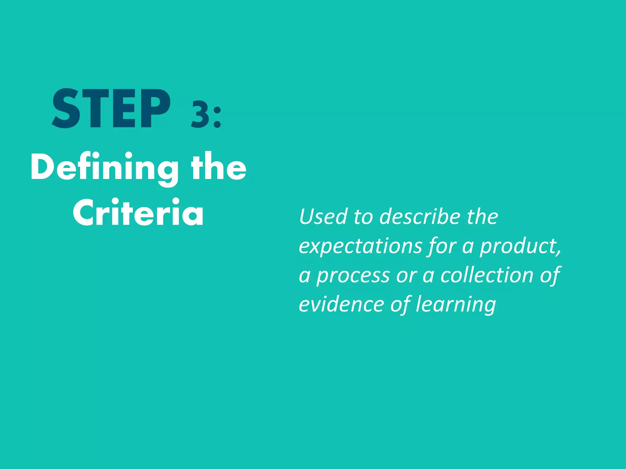STEP 3:
Defining the
Criteria Used to describe the
expectations for a product,
a process or a collection of
evidence of learning
 