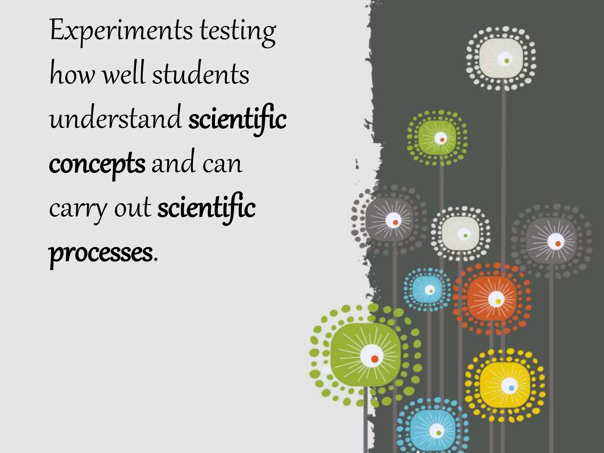 Experiments testing
how well students
understand scientific
concepts and can
carry out scientific
processes.
 
