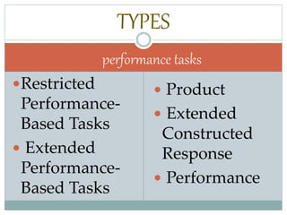 Restricted
Performance-
Based Tasks
 Extended
Performance-
Based Tasks
 Product
 Extended
Constructed
Response
 Performance
TYPES
performance tasks
 