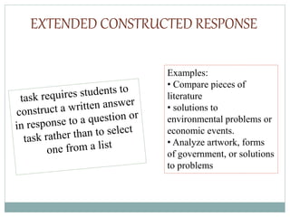 EXTENDED CONSTRUCTED RESPONSE
Examples:
• Compare pieces of
literature
• solutions to
environmental problems or
economic events.
• Analyze artwork, forms
of government, or solutions
to problems
 