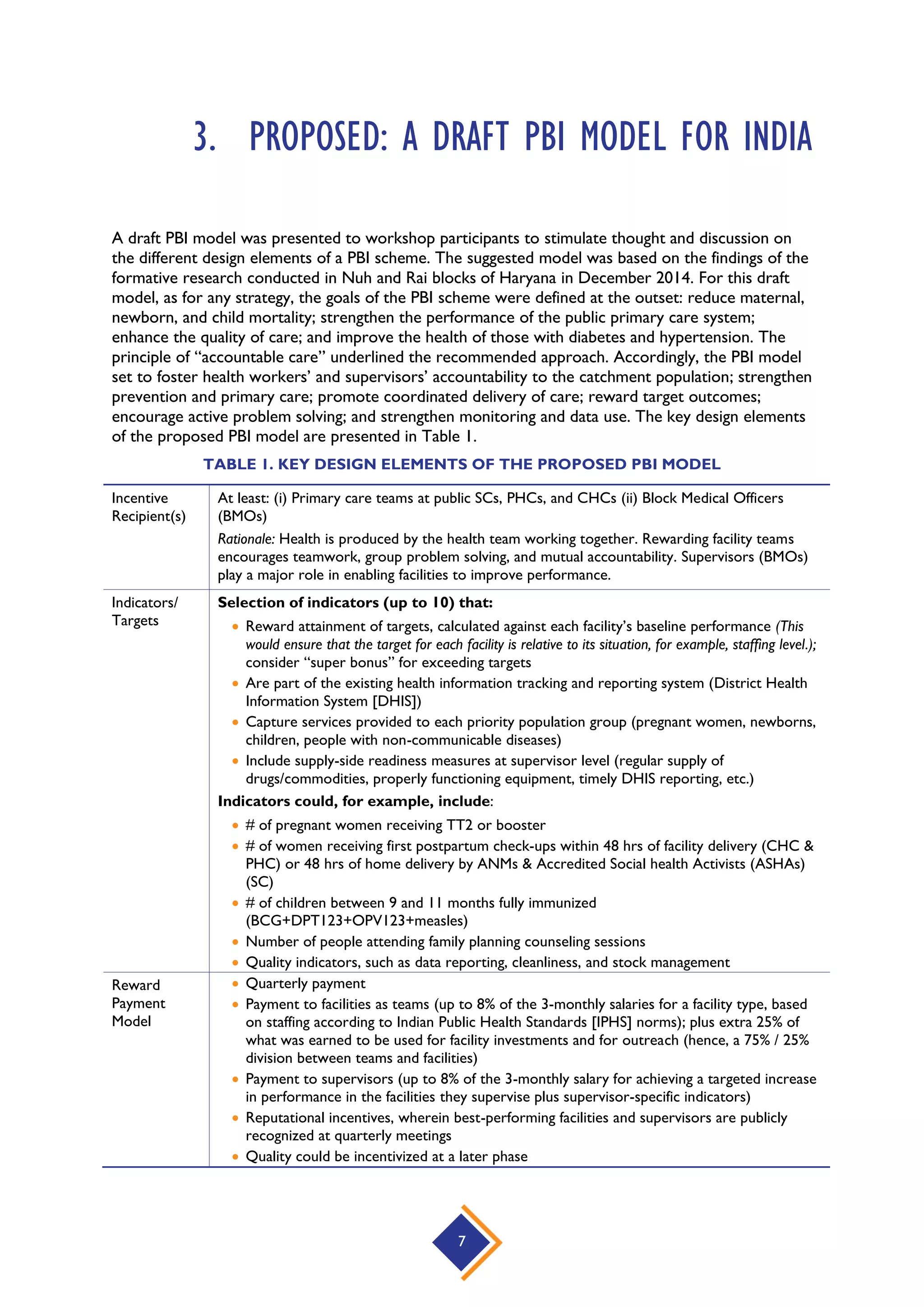 7
3. PROPOSED: A DRAFT PBI MODEL FOR INDIA
A draft PBI model was presented to workshop participants to stimulate thought and discussion on
the different design elements of a PBI scheme. The suggested model was based on the findings of the
formative research conducted in Nuh and Rai blocks of Haryana in December 2014. For this draft
model, as for any strategy, the goals of the PBI scheme were defined at the outset: reduce maternal,
newborn, and child mortality; strengthen the performance of the public primary care system;
enhance the quality of care; and improve the health of those with diabetes and hypertension. The
principle of “accountable care” underlined the recommended approach. Accordingly, the PBI model
set to foster health workers’ and supervisors’ accountability to the catchment population; strengthen
prevention and primary care; promote coordinated delivery of care; reward target outcomes;
encourage active problem solving; and strengthen monitoring and data use. The key design elements
of the proposed PBI model are presented in Table 1.
TABLE 1. KEY DESIGN ELEMENTS OF THE PROPOSED PBI MODEL
Incentive
Recipient(s)
At least: (i) Primary care teams at public SCs, PHCs, and CHCs (ii) Block Medical Officers
(BMOs)
Rationale: Health is produced by the health team working together. Rewarding facility teams
encourages teamwork, group problem solving, and mutual accountability. Supervisors (BMOs)
play a major role in enabling facilities to improve performance.
Indicators/
Targets
Selection of indicators (up to 10) that:
 Reward attainment of targets, calculated against each facility’s baseline performance (This
would ensure that the target for each facility is relative to its situation, for example, staffing level.);
consider “super bonus” for exceeding targets
 Are part of the existing health information tracking and reporting system (District Health
Information System [DHIS])
 Capture services provided to each priority population group (pregnant women, newborns,
children, people with non-communicable diseases)
 Include supply-side readiness measures at supervisor level (regular supply of
drugs/commodities, properly functioning equipment, timely DHIS reporting, etc.)
Indicators could, for example, include:
 # of pregnant women receiving TT2 or booster
 # of women receiving first postpartum check-ups within 48 hrs of facility delivery (CHC &
PHC) or 48 hrs of home delivery by ANMs & Accredited Social health Activists (ASHAs)
(SC)
 # of children between 9 and 11 months fully immunized
(BCG+DPT123+OPV123+measles)
 Number of people attending family planning counseling sessions
 Quality indicators, such as data reporting, cleanliness, and stock management
Reward
Payment
Model
 Quarterly payment
 Payment to facilities as teams (up to 8% of the 3-monthly salaries for a facility type, based
on staffing according to Indian Public Health Standards [IPHS] norms); plus extra 25% of
what was earned to be used for facility investments and for outreach (hence, a 75% / 25%
division between teams and facilities)
 Payment to supervisors (up to 8% of the 3-monthly salary for achieving a targeted increase
in performance in the facilities they supervise plus supervisor-specific indicators)
 Reputational incentives, wherein best-performing facilities and supervisors are publicly
recognized at quarterly meetings
 Quality could be incentivized at a later phase
 