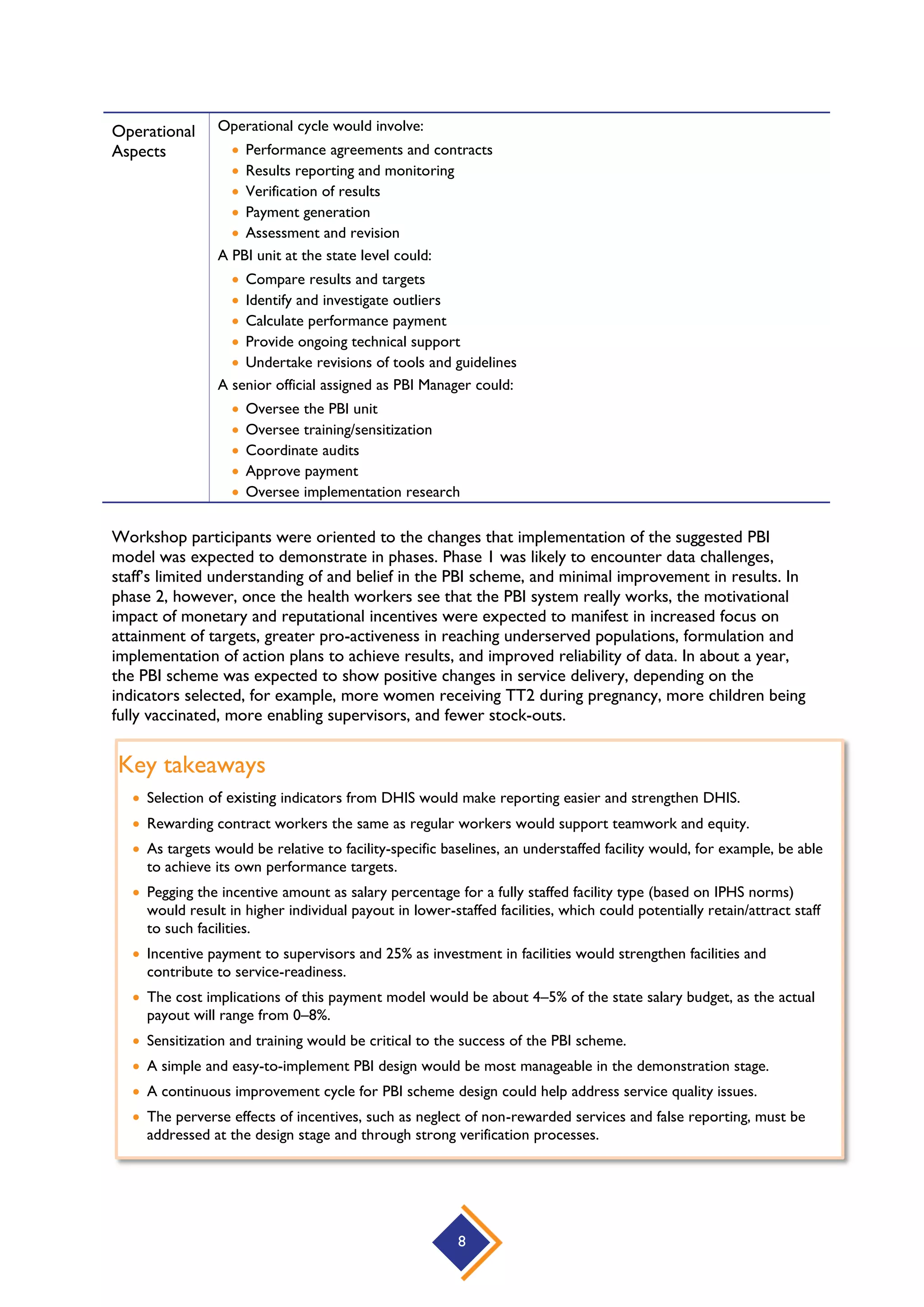 8
Operational
Aspects
Operational cycle would involve:
 Performance agreements and contracts
 Results reporting and monitoring
 Verification of results
 Payment generation
 Assessment and revision
A PBI unit at the state level could:
 Compare results and targets
 Identify and investigate outliers
 Calculate performance payment
 Provide ongoing technical support
 Undertake revisions of tools and guidelines
A senior official assigned as PBI Manager could:
 Oversee the PBI unit
 Oversee training/sensitization
 Coordinate audits
 Approve payment
 Oversee implementation research
Workshop participants were oriented to the changes that implementation of the suggested PBI
model was expected to demonstrate in phases. Phase 1 was likely to encounter data challenges,
staff’s limited understanding of and belief in the PBI scheme, and minimal improvement in results. In
phase 2, however, once the health workers see that the PBI system really works, the motivational
impact of monetary and reputational incentives were expected to manifest in increased focus on
attainment of targets, greater pro-activeness in reaching underserved populations, formulation and
implementation of action plans to achieve results, and improved reliability of data. In about a year,
the PBI scheme was expected to show positive changes in service delivery, depending on the
indicators selected, for example, more women receiving TT2 during pregnancy, more children being
fully vaccinated, more enabling supervisors, and fewer stock-outs.
Key takeaways
 Selection of existing indicators from DHIS would make reporting easier and strengthen DHIS.
 Rewarding contract workers the same as regular workers would support teamwork and equity.
 As targets would be relative to facility-specific baselines, an understaffed facility would, for example, be able
to achieve its own performance targets.
 Pegging the incentive amount as salary percentage for a fully staffed facility type (based on IPHS norms)
would result in higher individual payout in lower-staffed facilities, which could potentially retain/attract staff
to such facilities.
 Incentive payment to supervisors and 25% as investment in facilities would strengthen facilities and
contribute to service-readiness.
 The cost implications of this payment model would be about 4–5% of the state salary budget, as the actual
payout will range from 0–8%.
 Sensitization and training would be critical to the success of the PBI scheme.
 A simple and easy-to-implement PBI design would be most manageable in the demonstration stage.
 A continuous improvement cycle for PBI scheme design could help address service quality issues.
 The perverse effects of incentives, such as neglect of non-rewarded services and false reporting, must be
addressed at the design stage and through strong verification processes.
 
