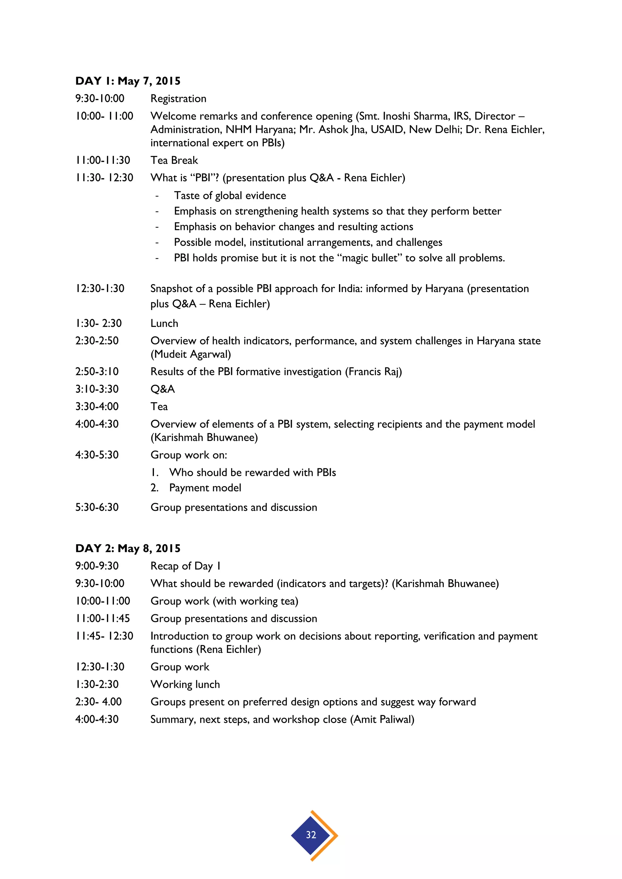 32
DAY 1: May 7, 2015
9:30-10:00 Registration
10:00- 11:00 Welcome remarks and conference opening (Smt. Inoshi Sharma, IRS, Director –
Administration, NHM Haryana; Mr. Ashok Jha, USAID, New Delhi; Dr. Rena Eichler,
international expert on PBIs)
11:00-11:30 Tea Break
11:30- 12:30 What is “PBI”? (presentation plus Q&A - Rena Eichler)
- Taste of global evidence
- Emphasis on strengthening health systems so that they perform better
- Emphasis on behavior changes and resulting actions
- Possible model, institutional arrangements, and challenges
- PBI holds promise but it is not the “magic bullet” to solve all problems.
12:30-1:30 Snapshot of a possible PBI approach for India: informed by Haryana (presentation
plus Q&A – Rena Eichler)
1:30- 2:30 Lunch
2:30-2:50 Overview of health indicators, performance, and system challenges in Haryana state
(Mudeit Agarwal)
2:50-3:10 Results of the PBI formative investigation (Francis Raj)
3:10-3:30 Q&A
3:30-4:00 Tea
4:00-4:30 Overview of elements of a PBI system, selecting recipients and the payment model
(Karishmah Bhuwanee)
4:30-5:30 Group work on:
1. Who should be rewarded with PBIs
2. Payment model
5:30-6:30 Group presentations and discussion
DAY 2: May 8, 2015
9:00-9:30 Recap of Day 1
9:30-10:00 What should be rewarded (indicators and targets)? (Karishmah Bhuwanee)
10:00-11:00 Group work (with working tea)
11:00-11:45 Group presentations and discussion
11:45- 12:30 Introduction to group work on decisions about reporting, verification and payment
functions (Rena Eichler)
12:30-1:30 Group work
1:30-2:30 Working lunch
2:30- 4.00 Groups present on preferred design options and suggest way forward
4:00-4:30 Summary, next steps, and workshop close (Amit Paliwal)
 