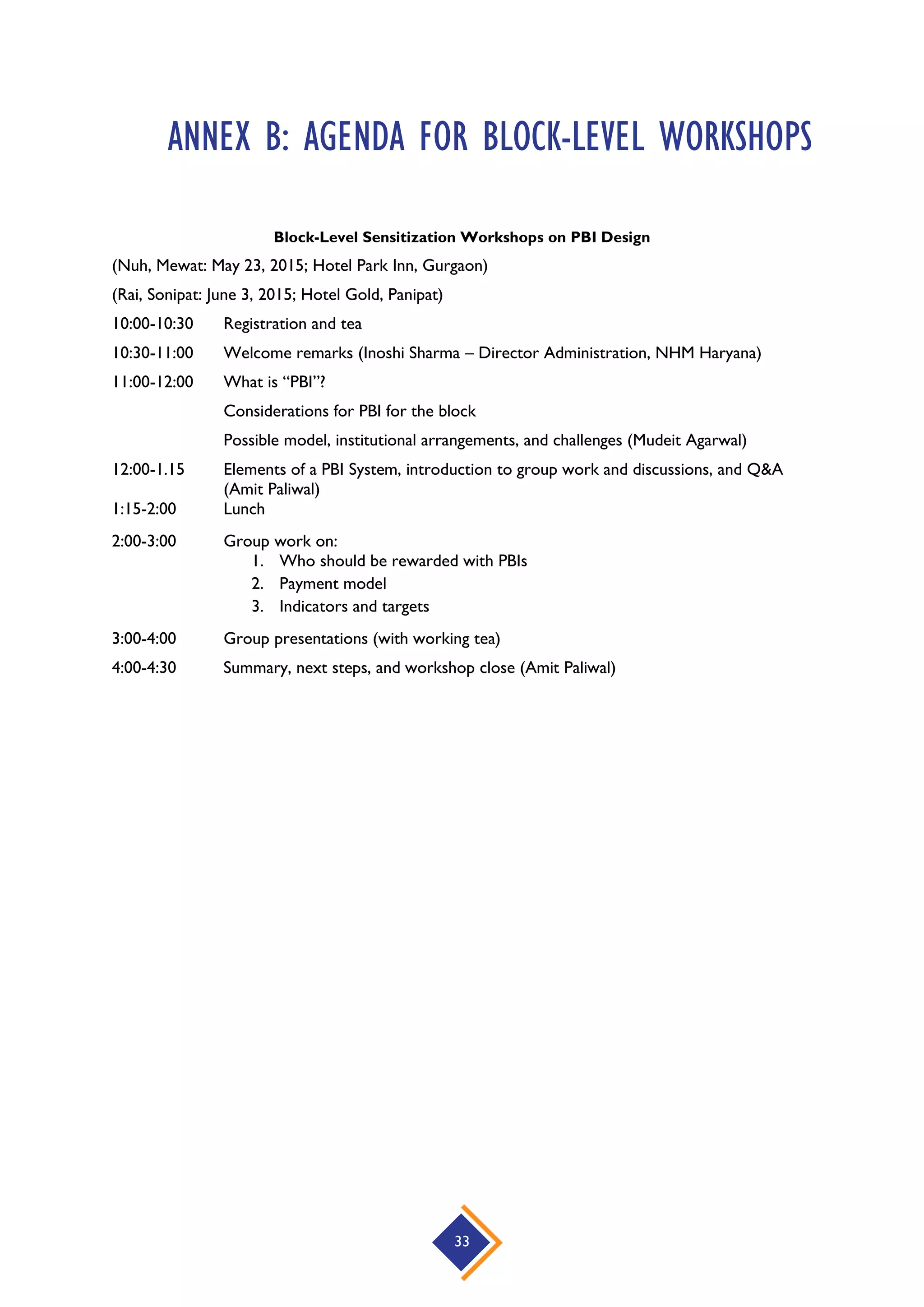 33
ANNEX B: AGENDA FOR BLOCK-LEVEL WORKSHOPS
Block-Level Sensitization Workshops on PBI Design
(Nuh, Mewat: May 23, 2015; Hotel Park Inn, Gurgaon)
(Rai, Sonipat: June 3, 2015; Hotel Gold, Panipat)
10:00-10:30 Registration and tea
10:30-11:00 Welcome remarks (Inoshi Sharma – Director Administration, NHM Haryana)
11:00-12:00 What is “PBI”?
Considerations for PBI for the block
Possible model, institutional arrangements, and challenges (Mudeit Agarwal)
12:00-1.15 Elements of a PBI System, introduction to group work and discussions, and Q&A
(Amit Paliwal)
1:15-2:00 Lunch
2:00-3:00 Group work on:
1. Who should be rewarded with PBIs
2. Payment model
3. Indicators and targets
3:00-4:00 Group presentations (with working tea)
4:00-4:30 Summary, next steps, and workshop close (Amit Paliwal)
 