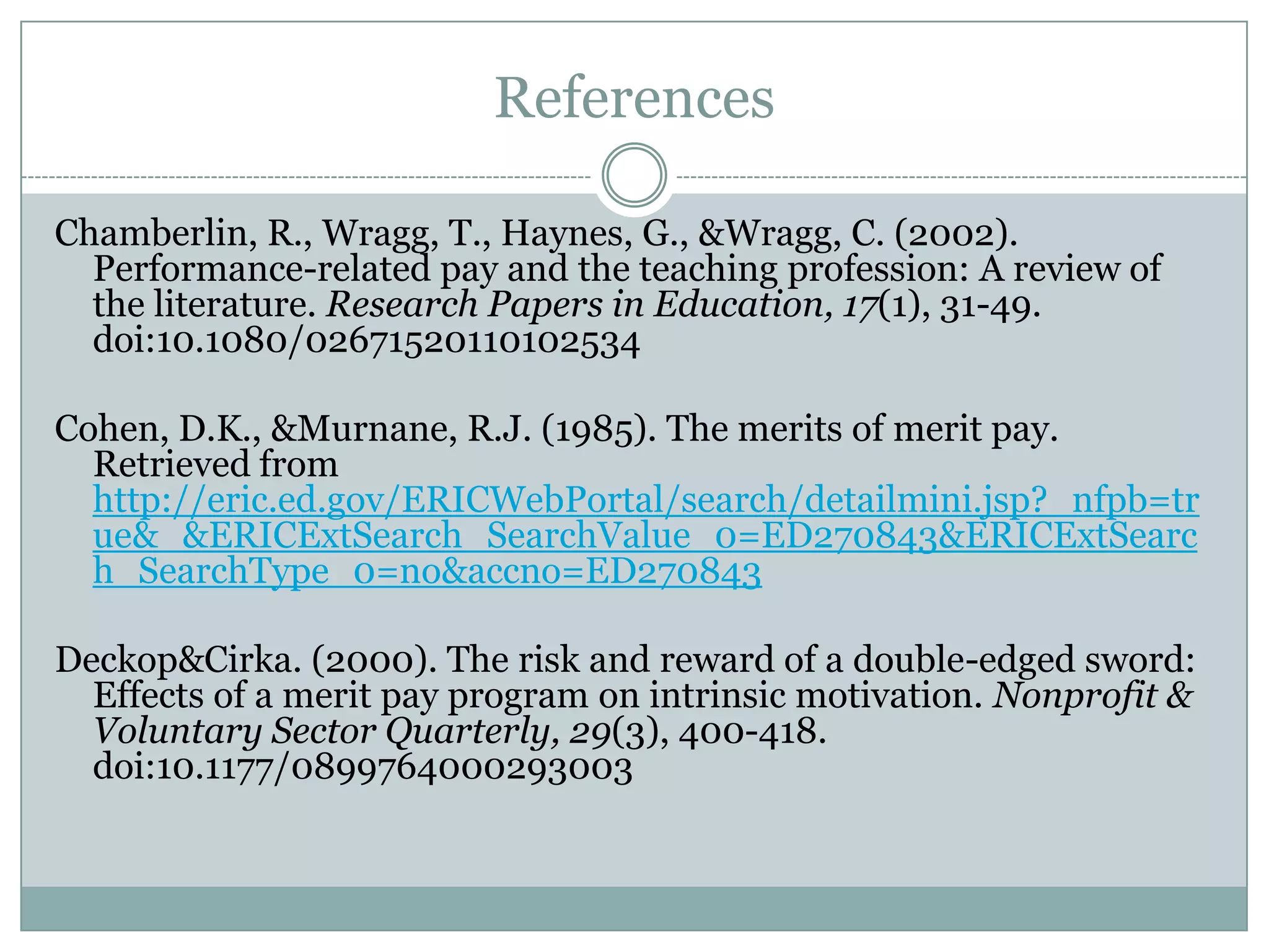 References

Chamberlin, R., Wragg, T., Haynes, G., &Wragg, C. (2002).
  Performance-related pay and the teaching profession: A review of
  the literature. Research Papers in Education, 17(1), 31-49.
  doi:10.1080/02671520110102534

Cohen, D.K., &Murnane, R.J. (1985). The merits of merit pay.
  Retrieved from
  http://eric.ed.gov/ERICWebPortal/search/detailmini.jsp?_nfpb=tr
  ue&_&ERICExtSearch_SearchValue_0=ED270843&ERICExtSearc
  h_SearchType_0=no&accno=ED270843

Deckop&Cirka. (2000). The risk and reward of a double-edged sword:
  Effects of a merit pay program on intrinsic motivation. Nonprofit &
  Voluntary Sector Quarterly, 29(3), 400-418.
  doi:10.1177/0899764000293003
 