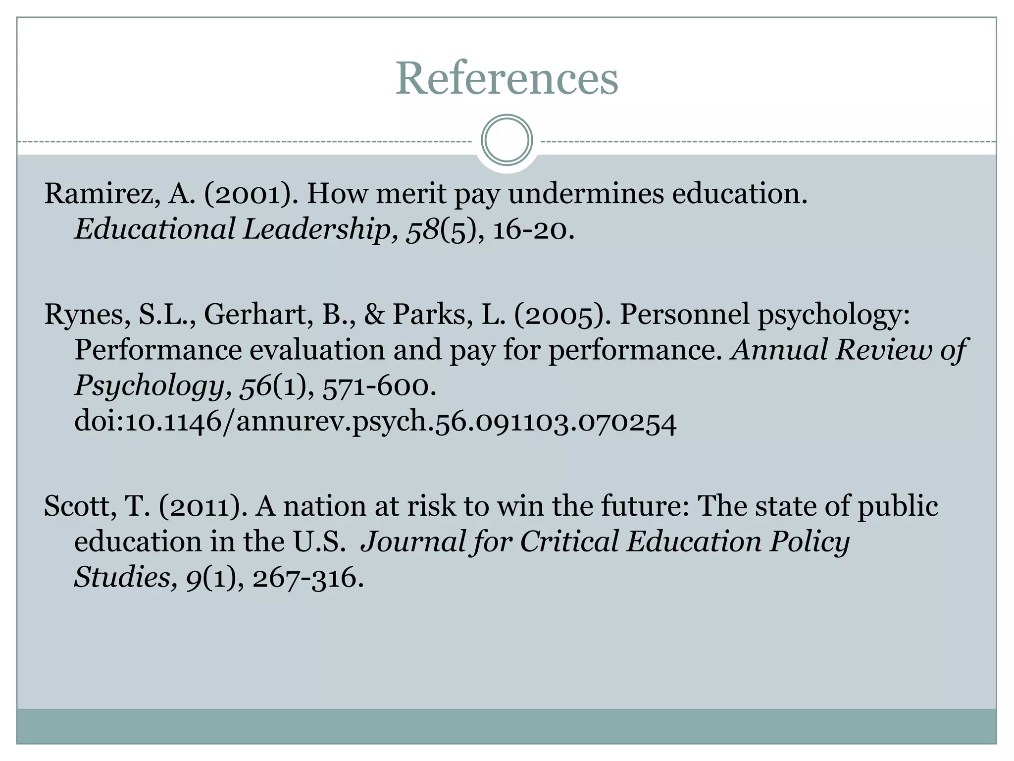 References

Ramirez, A. (2001). How merit pay undermines education.
  Educational Leadership, 58(5), 16-20.

Rynes, S.L., Gerhart, B., & Parks, L. (2005). Personnel psychology:
  Performance evaluation and pay for performance. Annual Review of
  Psychology, 56(1), 571-600.
  doi:10.1146/annurev.psych.56.091103.070254

Scott, T. (2011). A nation at risk to win the future: The state of public
  education in the U.S. Journal for Critical Education Policy Studies,
  9(1), 267-316.
 