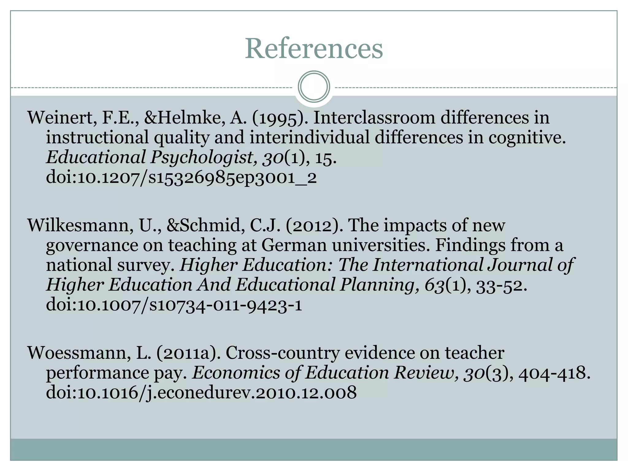 References

Weinert, F.E., &Helmke, A. (1995). Interclassroom differences in
 instructional quality and interindividual differences in cognitive.
 Educational Psychologist, 30(1), 15.
 doi:10.1207/s15326985ep3001_2

Wilkesmann, U., &Schmid, C.J. (2012). The impacts of new
 governance on teaching at German universities. Findings from a
 national survey. Higher Education: The International Journal of
 Higher Education And Educational Planning, 63(1), 33-52.
 doi:10.1007/s10734-011-9423-1

Woessmann, L. (2011a). Cross-country evidence on teacher
 performance pay. Economics of Education Review, 30(3), 404-418.
 doi:10.1016/j.econedurev.2010.12.008
 
