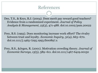 References

Dee, T.S., & Keys, B.J. (2004). Does merit pay reward good teachers?
  Evidence from a randomized experiment. Journal of Policy
  Analysis & Management, 23(3), 471-488. doi:10.1002/pam.20022

Frey, B.S. (1993). Does monitoring increase work effort? The rivalry
  between trust and loyalty. Economic Inquiry, 31(4), 663–670.
  doi:10.1111/j.1465-7295.1993.tb00897.x

Frey, B.S., &Jegen, R. (2001). Motivation crowding theory. Journal of
  Economic Surveys, 15(5), 589–611. doi:10.1111/1467-6419.00150
 