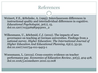 References

Weinert, F.E., &Helmke, A. (1995). Interclassroom differences in
 instructional quality and interindividual differences in cognitive.
 Educational Psychologist, 30(1), 15.
 doi:10.1207/s15326985ep3001_2

Wilkesmann, U., &Schmid, C.J. (2012). The impacts of new
 governance on teaching at German universities. Findings from a
 national survey. Higher Education: The International Journal of
 Higher Education And Educational Planning, 63(1), 33-52.
 doi:10.1007/s10734-011-9423-1

Woessmann, L. (2011a). Cross-country evidence on teacher
 performance pay. Economics of Education Review, 30(3), 404-418.
 doi:10.1016/j.econedurev.2010.12.008
 