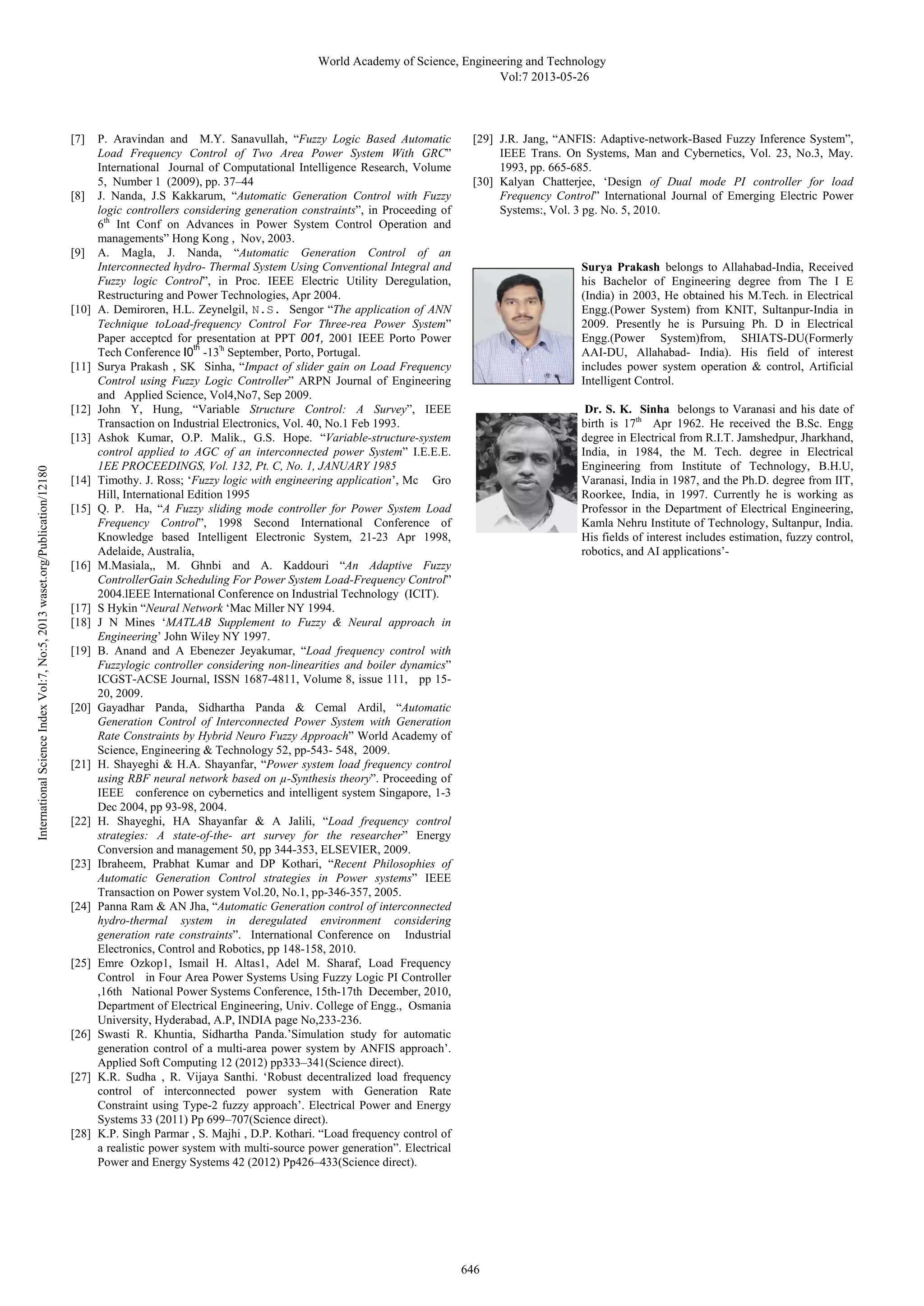 World Academy of Science, Engineering and Technology 
[7] P. Aravindan and M.Y. Sanavullah, “Fuzzy Logic Based Automatic 
Load Frequency Control of Two Area Power System With GRC” 
International Journal of Computational Intelligence Research, Volume 
5, Number 1 (2009), pp. 37–44 
[8] J. Nanda, J.S Kakkarum, “Automatic Generation Control with Fuzzy 
logic controllers considering generation constraints”, in Proceeding of 
6th Int Conf on Advances in Power System Control Operation and 
managements” Hong Kong , Nov, 2003. 
[9] A. Magla, J. Nanda, “Automatic Generation Control of an 
Interconnected hydro- Thermal System Using Conventional Integral and 
Fuzzy logic Control”, in Proc. IEEE Electric Utility Deregulation, 
Restructuring and Power Technologies, Apr 2004. 
[10] A. Demiroren, H.L. Zeynelgil, N.S. Sengor “The application of ANN 
Technique toLoad-frequency Control For Three-rea Power System” 
Paper acceptcd for presentation at PPT 001, 2001 IEEE Porto Power 
Tech Conference I0th -13'h September, Porto, Portugal. 
[11] Surya Prakash , SK Sinha, “Impact of slider gain on Load Frequency 
Control using Fuzzy Logic Controller” ARPN Journal of Engineering 
and Applied Science, Vol4,No7, Sep 2009. 
[12] John Y, Hung, “Variable Structure Control: A Survey”, IEEE 
Transaction on Industrial Electronics, Vol. 40, No.1 Feb 1993. 
[13] Ashok Kumar, O.P. Malik., G.S. Hope. “Variable-structure-system 
control applied to AGC of an interconnected power System” I.E.E.E. 
1EE PROCEEDINGS, Vol. 132, Pt. C, No. 1, JANUARY 1985 
[14] Timothy. J. Ross; ‘Fuzzy logic with engineering application’, Mc Gro 
Hill, International Edition 1995 
[15] Q. P. Ha, “A Fuzzy sliding mode controller for Power System Load 
Frequency Control”, 1998 Second International Conference of 
Knowledge based Intelligent Electronic System, 21-23 Apr 1998, 
Adelaide, Australia, 
[16] M.Masiala,, M. Ghnbi and A. Kaddouri “An Adaptive Fuzzy 
ControllerGain Scheduling For Power System Load-Frequency Control” 
2004.lEEE International Conference on Industrial Technology (ICIT). 
[17] S Hykin “Neural Network ‘Mac Miller NY 1994. 
[18] J N Mines ‘MATLAB Supplement to Fuzzy & Neural approach in 
Engineering’ John Wiley NY 1997. 
[19] B. Anand and A Ebenezer Jeyakumar, “Load frequency control with 
Fuzzylogic controller considering non-linearities and boiler dynamics” 
ICGST-ACSE Journal, ISSN 1687-4811, Volume 8, issue 111, pp 15- 
20, 2009. 
[20] Gayadhar Panda, Sidhartha Panda & Cemal Ardil, “Automatic 
Generation Control of Interconnected Power System with Generation 
Rate Constraints by Hybrid Neuro Fuzzy Approach” World Academy of 
Science, Engineering & Technology 52, pp-543- 548, 2009. 
[21] H. Shayeghi & H.A. Shayanfar, “Power system load frequency control 
using RBF neural network based on μ-Synthesis theory”. Proceeding of 
IEEE conference on cybernetics and intelligent system Singapore, 1-3 
Dec 2004, pp 93-98, 2004. 
[22] H. Shayeghi, HA Shayanfar & A Jalili, “Load frequency control 
strategies: A state-of-the- art survey for the researcher” Energy 
Conversion and management 50, pp 344-353, ELSEVIER, 2009. 
[23] Ibraheem, Prabhat Kumar and DP Kothari, “Recent Philosophies of 
Automatic Generation Control strategies in Power systems” IEEE 
Transaction on Power system Vol.20, No.1, pp-346-357, 2005. 
[24] Panna Ram & AN Jha, “Automatic Generation control of interconnected 
hydro-thermal system in deregulated environment considering 
generation rate constraints”. International Conference on Industrial 
Electronics, Control and Robotics, pp 148-158, 2010. 
[25] Emre Ozkop1, Ismail H. Altas1, Adel M. Sharaf, Load Frequency 
Control in Four Area Power Systems Using Fuzzy Logic PI Controller 
,16th National Power Systems Conference, 15th-17th December, 2010, 
Department of Electrical Engineering, Univ. College of Engg., Osmania 
University, Hyderabad, A.P, INDIA page No,233-236. 
[26] Swasti R. Khuntia, Sidhartha Panda.’Simulation study for automatic 
generation control of a multi-area power system by ANFIS approach’. 
Applied Soft Computing 12 (2012) pp333–341(Science direct). 
[27] K.R. Sudha , R. Vijaya Santhi. ‘Robust decentralized load frequency 
control of interconnected power system with Generation Rate 
Constraint using Type-2 fuzzy approach’. Electrical Power and Energy 
Systems 33 (2011) Pp 699–707(Science direct). 
[28] K.P. Singh Parmar , S. Majhi , D.P. Kothari. “Load frequency control of 
a realistic power system with multi-source power generation”. Electrical 
Power and Energy Systems 42 (2012) Pp426–433(Science direct). 
Vol:7 2013-05-26 
[29] J.R. Jang, “ANFIS: Adaptive-network-Based Fuzzy Inference System”, 
IEEE Trans. On Systems, Man and Cybernetics, Vol. 23, No.3, May. 
1993, pp. 665-685. 
[30] Kalyan Chatterjee, ‘Design of Dual mode PI controller for load 
Frequency Control” International Journal of Emerging Electric Power 
Systems:, Vol. 3 pg. No. 5, 2010. 
Surya Prakash belongs to Allahabad-India, Received 
his Bachelor of Engineering degree from The I E 
(India) in 2003, He obtained his M.Tech. in Electrical 
Engg.(Power System) from KNIT, Sultanpur-India in 
2009. Presently he is Pursuing Ph. D in Electrical 
Engg.(Power System)from, SHIATS-DU(Formerly 
AAI-DU, Allahabad- India). His field of interest 
includes power system operation & control, Artificial 
Intelligent Control. 
Dr. S. K. Sinha belongs to Varanasi and his date of 
birth is 17th Apr 1962. He received the B.Sc. Engg 
degree in Electrical from R.I.T. Jamshedpur, Jharkhand, 
India, in 1984, the M. Tech. degree in Electrical 
Engineering from Institute of Technology, B.H.U, 
Varanasi, India in 1987, and the Ph.D. degree from IIT, 
Roorkee, India, in 1997. Currently he is working as 
Professor in the Department of Electrical Engineering, 
Kamla Nehru Institute of Technology, Sultanpur, India. 
His fields of interest includes estimation, fuzzy control, 
robotics, and AI applications’- 
646 International Science Index Vol:7, No:5, 2013 waset.org/Publication/12180 
