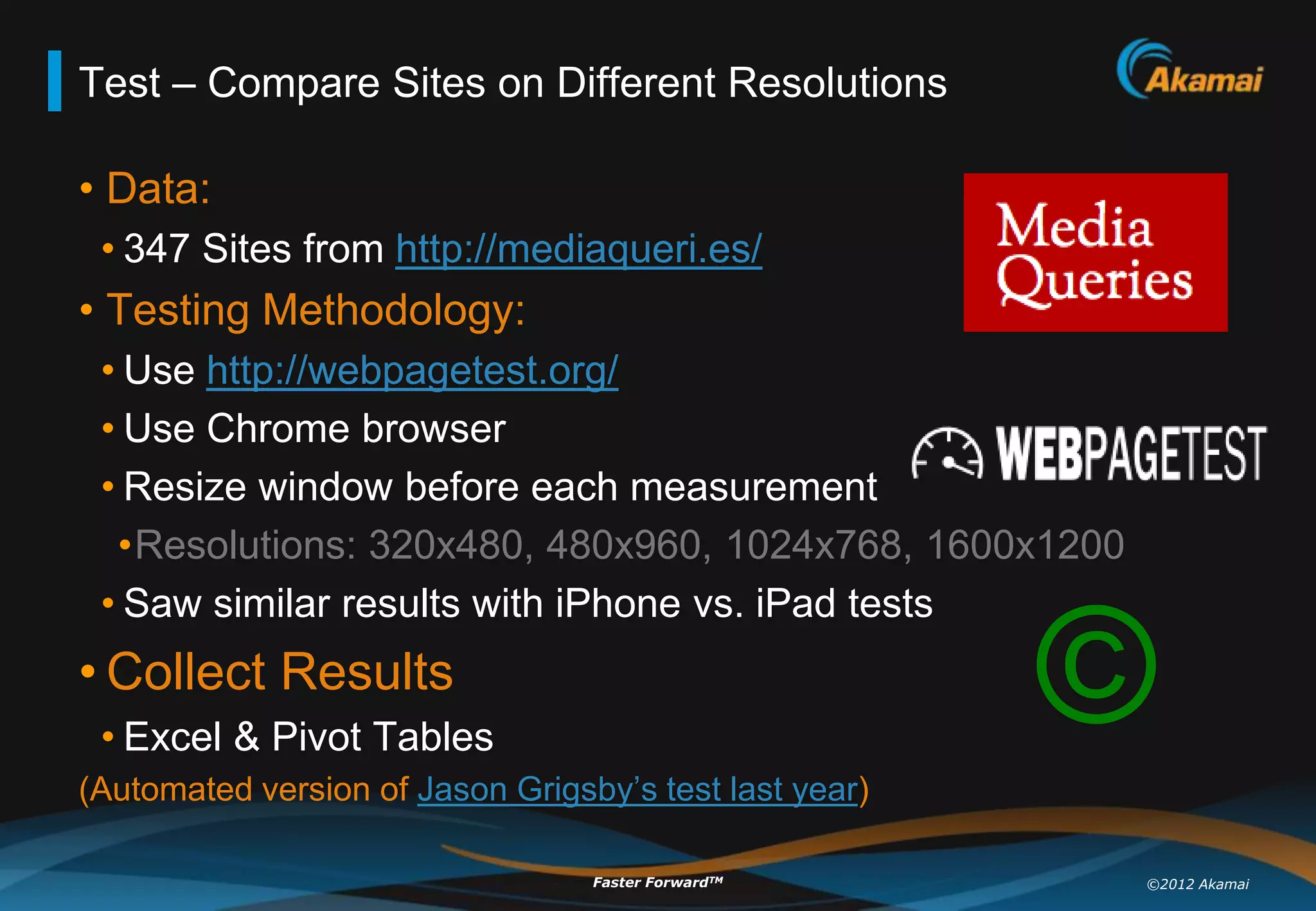 Test – Compare Sites on Different Resolutions

• Data:
 • 347 Sites from http://mediaqueri.es/
• Testing Methodology:
 • Use http://webpagetest.org/
 • Use Chrome browser
 • Resize window before each measurement
  •Resolutions: 320x480, 480x960, 1024x768, 1600x1200
 • Saw similar results with iPhone vs. iPad tests
• Collect Results
 • Excel & Pivot Tables
(Automated version of Jason Grigsby‟s test last year)
                                                        ©
                                  Faster ForwardTM      ©2012 Akamai
 