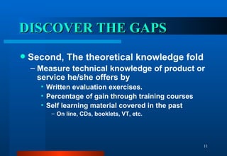 DISCOVER THE GAPS Second, The theoretical knowledge fold Measure technical knowledge of product or service he/she offers by Written evaluation exercises. Percentage of gain through training courses Self learning material covered in the past On line, CDs, booklets, VT, etc. 