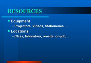 RESOURCES Equipment Projectors, Videos, Stationeries … Locations Class, laboratory, on-site, on-job, … 