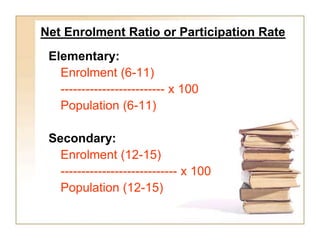Net Enrolment Ratio or Participation Rate
Elementary:
Enrolment (6-11)
------------------------- x 100
Population (6-11)
S...