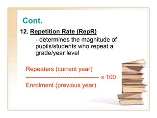 Cont.
12. Repetition Rate (RepR)
- determines the magnitude of
pupils/students who repeat a
grade/year level
Repeaters (cu...