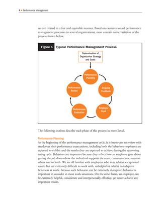 ees are treated in a fair and equitable manner. Based on examination of performance
management processes in several organizations, most contain some variation of the
process shown below:
The following sections describe each phase of this process in more detail.
Performance Planning
At the beginning of the performance management cycle, it is important to review with
employees their performance expectations, including both the behaviors employees are
expected to exhibit and the results they are expected to achieve during the upcoming
rating cycle. Behaviors are important because they reflect how an employee goes about
getting the job done—how the individual supports the team, communicates, mentors
others and so forth. We are all familiar with employees who may achieve exceptional
results but are extremely difficult to work with, unhelpful or exhibit maladaptive
behaviors at work. Because such behaviors can be extremely disruptive, behavior is
important to consider in most work situations. On the other hand, an employee can
be extremely helpful, considerate and interpersonally effective, yet never achieve any
important results.
4 Q Performance Management
Performance
Review
Employee
Input
Performance
Planning
Determination of
Organization Strategy
and Goals
Performance
Evaluation
Ongoing
Feedback
Figure 1 Typical Performance Management Process
 
