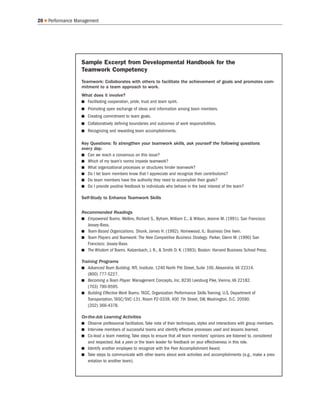 20 Q Performance Management
Sample Excerpt from Developmental Handbook for the
Teamwork Competency
Teamwork: Collaborates with others to facilitate the achievement of goals and promotes com-
mitment to a team approach to work.
What does it involve?
Q Facilitating cooperation, pride, trust and team spirit.
Q Promoting open exchange of ideas and information among team members.
Q Creating commitment to team goals.
Q Collaboratively defining boundaries and outcomes of work responsibilities.
Q Recognizing and rewarding team accomplishments.
Key Questions: To strengthen your teamwork skills, ask yourself the following questions
every day:
Q Can we reach a consensus on this issue?
Q Which of my team’s norms impede teamwork?
Q What organizational processes or structures hinder teamwork?
Q Do I let team members know that I appreciate and recognize their contributions?
Q Do team members have the authority they need to accomplish their goals?
Q Do I provide positive feedback to individuals who behave in the best interest of the team?
Self-Study to Enhance Teamwork Skills
Recommended Readings
Q Empowered Teams. Wellins, Richard S., Byham, William C., & Wilson, Jeanne M. (1991). San Francisco:
Jossey-Bass.
Q Team-Based Organizations. Shonk, James H. (1992). Homewood, IL: Business One Irwin.
Q Team Players and Teamwork: The New Competitive Business Strategy. Parker, Glenn M. (1990) San
Francisco: Jossey-Bass.
Q The Wisdom of Teams. Katzenbach, J. R., & Smith D. K. (1993). Boston: Harvard Business School Press.
Training Programs
Q Advanced Team Building. NTL Institute. 1240 North Pitt Street, Suite 100, Alexandria, VA 22314.
(800) 777-5227.
Q Becoming a Team Player. Management Concepts, Inc. 8230 Leesburg Pike, Vienna, VA 22182.
(703) 790-9595.
Q Building Effective Work Teams. TASC, Organization Performance Skills Training. U.S. Department of
Transportation. TASC/SVC-131, Room P2-0339, 400 7th Street, SW, Washington, D.C. 20590.
(202) 366-4378.
On-the-Job Learning Activities
Q Observe professional facilitators. Take note of their techniques, styles and interactions with group members.
Q Interview members of successful teams and identify effective processes used and lessons learned.
Q Co-lead a team meeting. Take steps to ensure that all team members’ opinions are listened to, considered
and respected. Ask a peer or the team leader for feedback on your effectiveness in this role.
Q Identify another employee to recognize with the Peer Accomplishment Award.
Q Take steps to communicate with other teams about work activities and accomplishments (e.g., make a pres-
entation to another team).
 