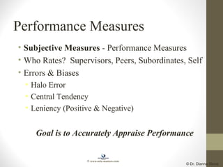 Performance Measures
• Subjective Measures - Performance Measures
• Who Rates? Supervisors, Peers, Subordinates, Self
• Errors & Biases
• Halo Error
• Central Tendency
• Leniency (Positive & Negative)
Goal is to Accurately Appraise Performance
© Dr. Dianna Stone
© www.asia-masters.com
 