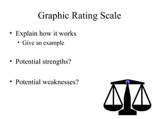 Graphic Rating Scale Explain how it works Give an example Potential strengths? Potential weaknesses? 