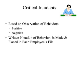 Critical Incidents Based on Observation of Behaviors Positive Negative Written Notation of Behaviors is Made & Placed in Each Employee’s File 