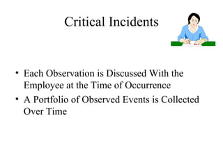 Critical Incidents Each Observation is Discussed With the Employee at the Time of Occurrence  A Portfolio of Observed Events is Collected Over Time 