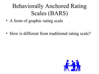 Behaviorally Anchored Rating Scales (BARS) A form of graphic rating scale How is different from traditional rating scale? 