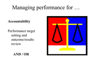 Managing performance for … Accountability Performance target setting and outcome/results review AND / OR 