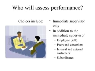 Who will assess performance? Immediate supervisor only In addition to the immediate supervisor Employee (self) Peers and coworkers Internal and external customers Subordinates Choices include: 