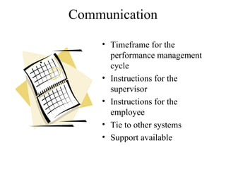 Communication Timeframe for the performance management cycle Instructions for the supervisor  Instructions for the employee Tie to other systems Support available 