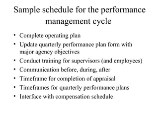 Sample schedule for the performance management cycle   Complete operating plan Update quarterly performance plan form with major agency objectives Conduct training for supervisors (and employees) Communication before, during, after Timeframe for completion of appraisal Timeframes for quarterly performance plans Interface with compensation schedule 