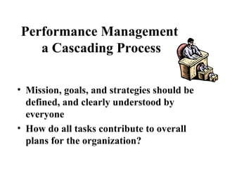 Performance Management  a Cascading Process Mission, goals, and strategies should be defined, and clearly understood by everyone How do all tasks contribute to overall plans for the organization? 