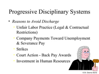 Progressive Disciplinary Systems Reasons to Avoid Discharge Unfair Labor Practice (Legal & Contractual Restrictions) Company Payments Toward Unemployment & Severance Pay Strikes Court Action - Back Pay Awards Investment in Human Resources © Dr. Dianna Stone 